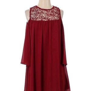 Free 2 Luv Red Peep Shoulder Dress with Flowy Sleeves